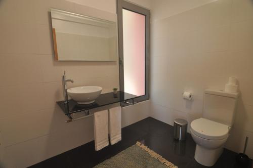 a bathroom with a sink and a toilet and a mirror at Ponte House in Porto Moniz