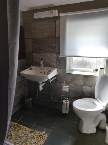 a bathroom with a toilet and a sink at Row Farm Cottage in Millom