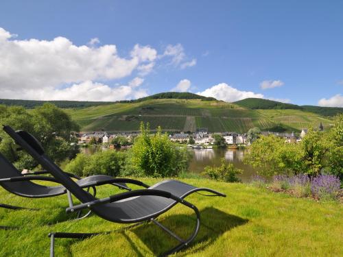 a chair sitting on the grass next to a body of water at Ferienwohnung Moselufer Zell in Zell an der Mosel