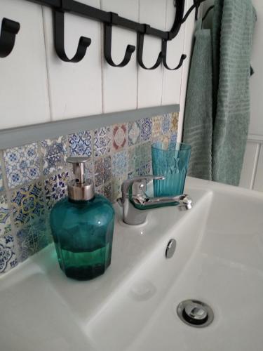 a bathroom sink with a green soap dispenser on it at The English shepherds hut @ Les Aulnaies in Échauffour