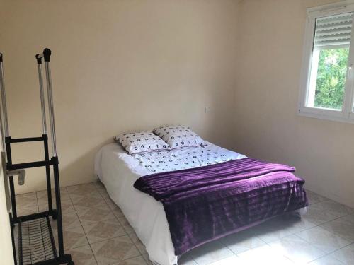 - une chambre avec un lit recouvert d'une couverture violette dans l'établissement Villa plein pied rez-de-chaussée+1 avec dépendance, à Cenon