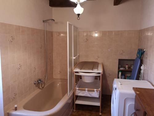 une salle de bain avec une baignoire, un lavabo et une douche dans l'établissement Maison tout confort calme vallée du Lot proche de Conques en Aveyron, à Las Pelies