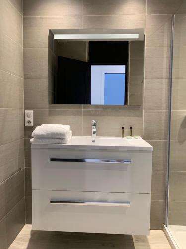 W łazience znajduje się biała umywalka i lustro. w obiekcie Marines appartement, 2min plage, 2km Saint-Tropez w mieście Cogolin