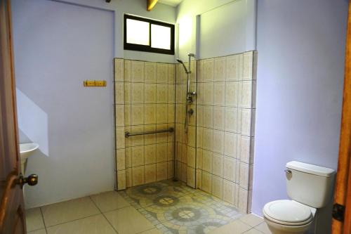 a bathroom with a shower and a toilet at Hotel & Cabinas Nadine in Cahuita
