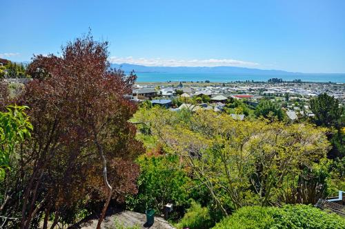 a view of a city from a hill with trees at Aporo Nelson Holiday Home in Nelson