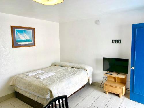 Dormitorio pequeño con cama y TV en White Caps Motel, en North Wildwood