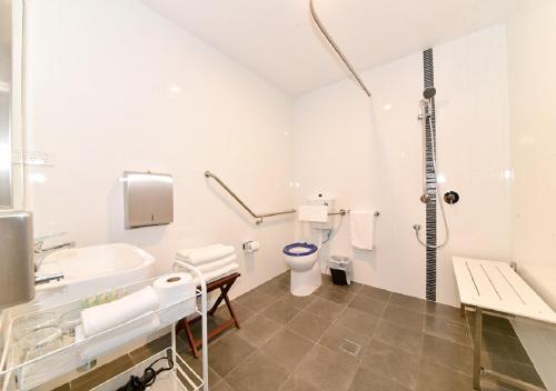 a white bathroom with a toilet and a sink at Sinofield Edu-Retreat in Leura