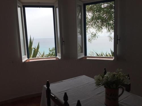 a table with a vase of flowers and two windows at Residenza Gherly in Capo Vaticano