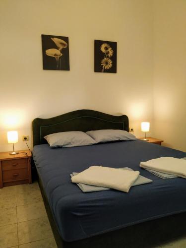 a bedroom with a bed with blue sheets and two lamps at Rooms & Apartments Vukasović in Kotor