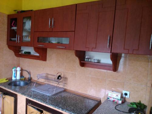 uma cozinha com armários de madeira e um lavatório em Guest house maka em Gonio