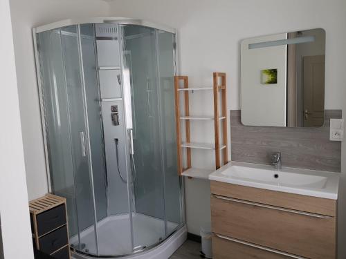 y baño con ducha acristalada y lavamanos. en loft Marie-Stuart, en Wassy