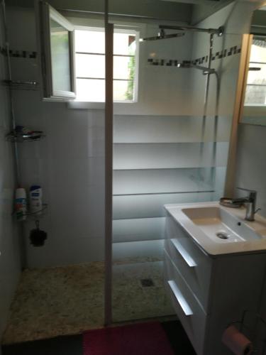 La salle de bains est pourvue d'une douche et d'un lavabo. dans l'établissement Tres agreable maison au calme dans la pinede, à Lacanau-Océan