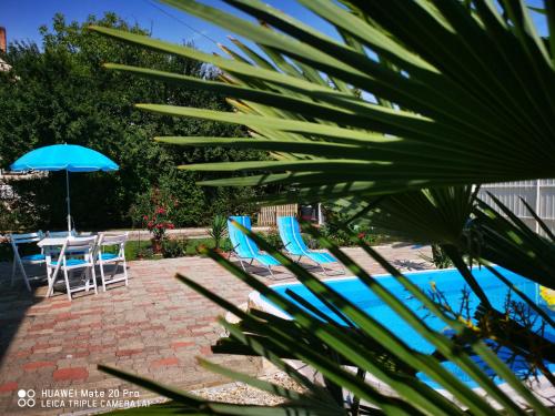 a view of a pool with chairs and an umbrella at Paksy Apartman in Harkány