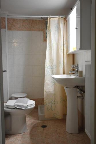 a bathroom with a sink and a toilet and a shower curtain at Rodi Retro in Nafplio