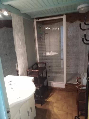 La salle de bains est pourvue d'une douche et d'un lavabo blanc. dans l'établissement la fario, à Gavarnie