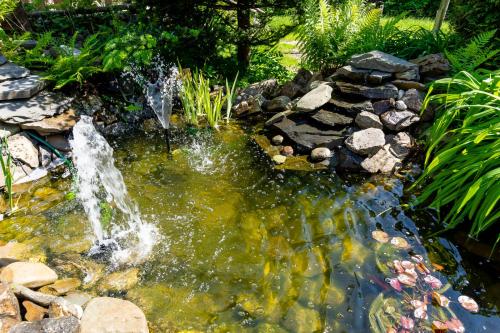 a pond with a waterfall in a garden at Apartament i Pokoje Gościnne u Lusi in Wisła