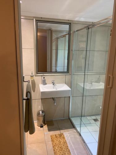 a bathroom with a sink and a glass shower at Ama Zulu Guesthouse & Safaris in Hluhluwe
