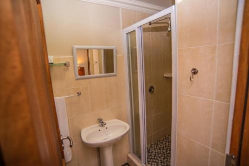 a small bathroom with a sink and a shower at Adelante Lodge in Bloemfontein