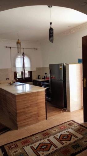 eine Küche mit einem Kühlschrank aus Edelstahl und einer Theke in der Unterkunft Villa Quiet Place in Luxor