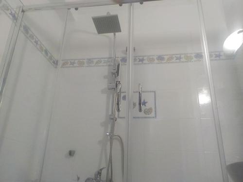 y baño con ducha y puerta de cristal. en Independent AGAPITOS APART , 2BDRM, private patio, en Naxos Chora