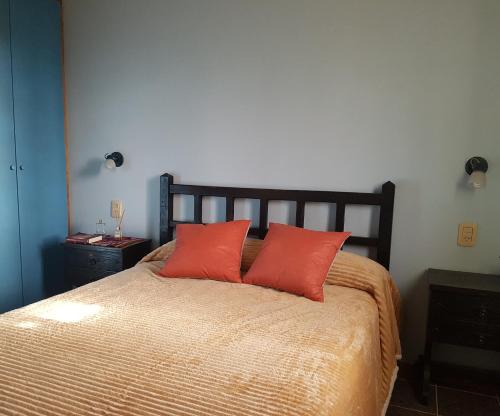 um quarto com uma cama com duas almofadas vermelhas em La Lechuza, casa amplia para 2 familias em Las Rabonas
