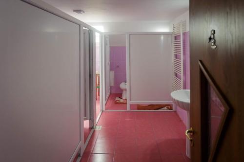 a bathroom with a pink tile floor and a toilet at Casa Florilor in Curtea de Argeş