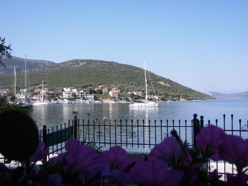 a view of a body of water with purple flowers at Blue Dreams in Almiropótamos