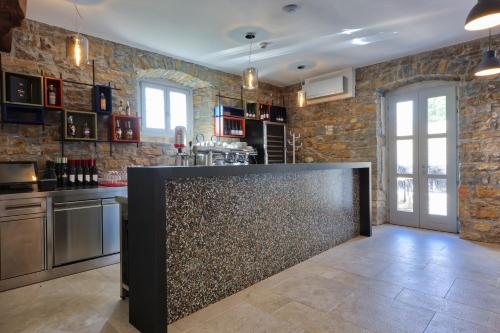 a kitchen with a stone wall and a counter at B&B Artegnana 1798 in Grožnjan