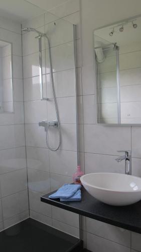 un bagno con lavandino e doccia con specchio di Ferienhaus Windegge a Hirschegg