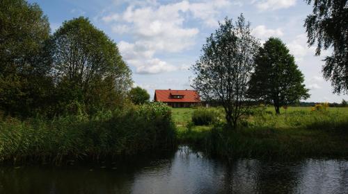 a house in a field next to a river at Dom Gościnny Sowia Stópka in Miłomłyn
