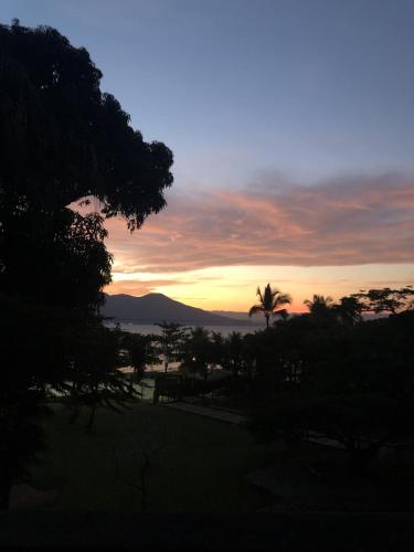 a sunset with a palm tree in the foreground at Hotel Velas do Engenho in Ilhabela