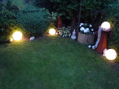 a garden with lights on the grass at night at FeWo Hage in Langelsheim