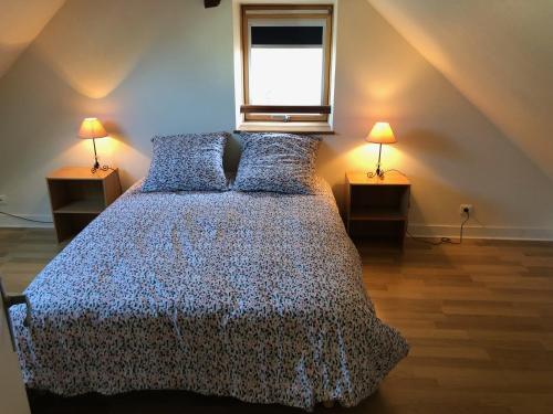 ein Schlafzimmer mit einem Bett mit zwei Lampen an zwei Tischen in der Unterkunft Les Mésanges in Lamotte-Beuvron