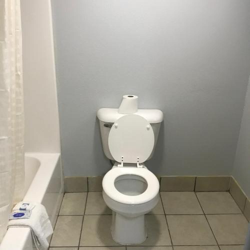 ein Badezimmer mit einem WC mit einer Rolle Toilettenpapier darauf in der Unterkunft Guest Inn in Yukon