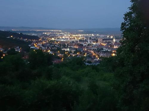 a view of a city at night at Bella Vista Turda in Turda