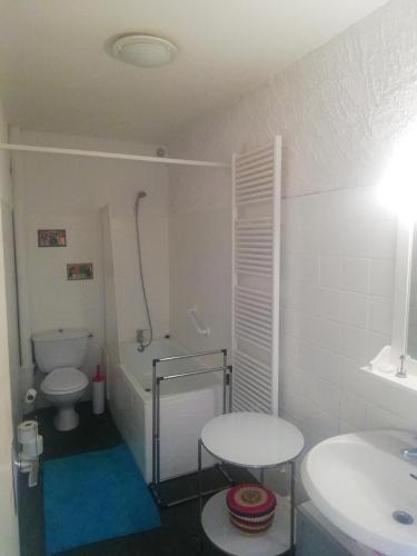 une salle de bain avec toilettes, lavabo et douche dans l'établissement La Ginelle - Appartement Savane, à Airoux
