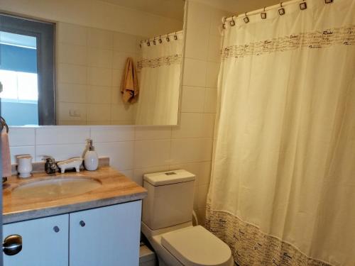 y baño con aseo, lavamanos y cortina de ducha. en Departamento avenida del mar, en La Serena