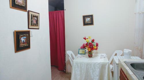a kitchen with a table with a vase of flowers on it at Apartahotel carla in Boca Chica
