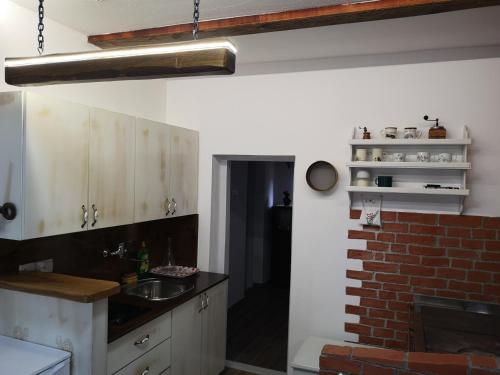 - une cuisine avec un évier et un mur en briques dans l'établissement Villa Mirela, à Maretić