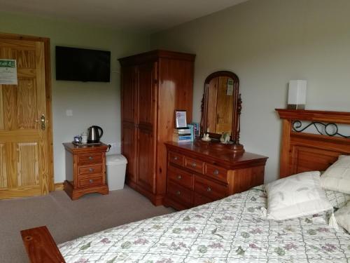 a bedroom with a bed and a dresser and a mirror at Fox Heaven B&B in Carrickfergus