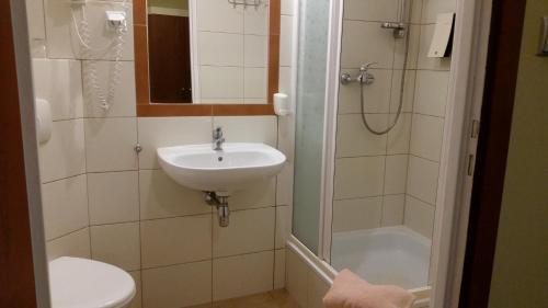 a bathroom with a sink and a shower at Hotel Kopernik in Frombork