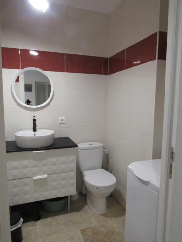 a bathroom with a toilet and a sink and a mirror at La Maison des Graves in Pujols Gironde