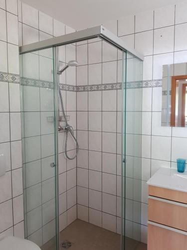 a shower with a glass door in a bathroom at Ferienwohnung Fischer in Kurort Gohrisch