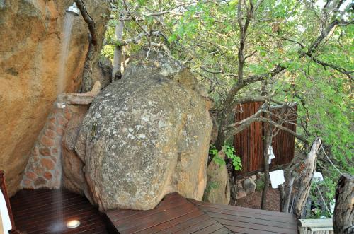 a large rock sitting next to a tree at Thakadu Bush Lodge Naka Sanga in Mabula