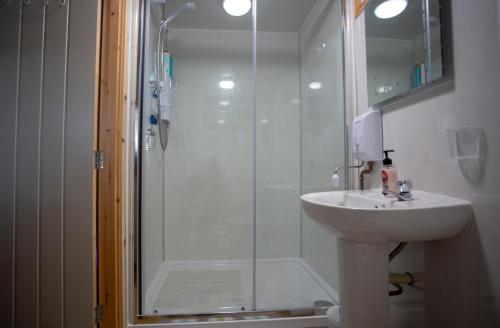 a bathroom with a shower and a sink and a shower at Room with a view in Spean Bridge