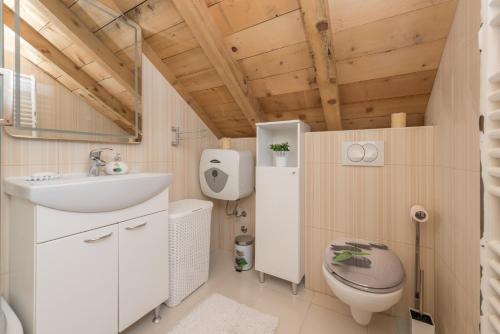 a small bathroom with a sink and a toilet at Holiday home Stipanovi Dvori with jacuzzi and pool in Zagvozd