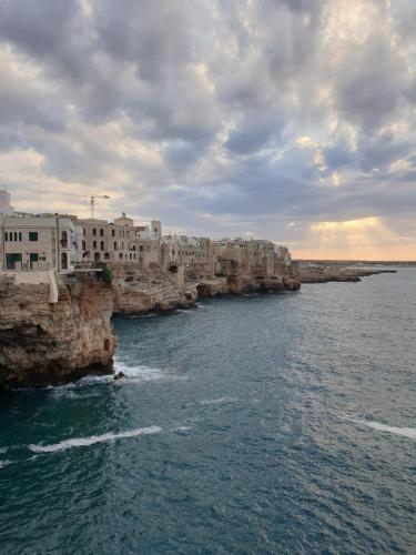 a large body of water with buildings on the shore at Lo scrigno dei sogni in Polignano a Mare