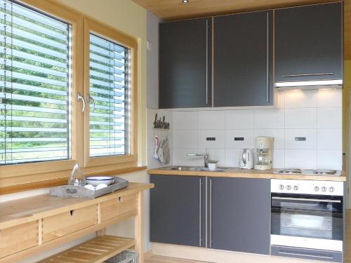 a kitchen with gray cabinets and a counter top at Haus Bodenseeblick in Bodman-Ludwigshafen