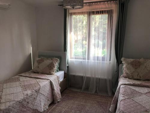 a bedroom with two beds and a window at Villa Onuk in Sapanca