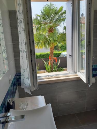 a bathroom with a window and a palm tree at Villa Marianna Garda Lake in Peschiera del Garda